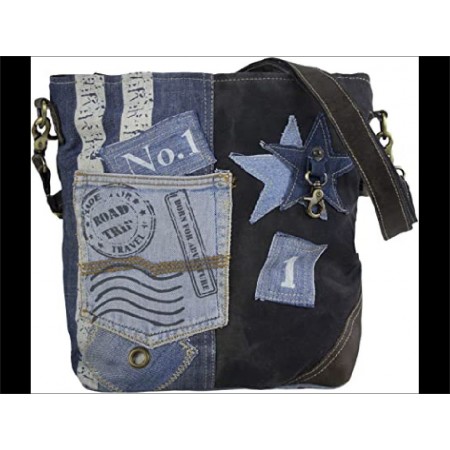 Sac a main bleu et noir avec sangle bandouliere noire en jeans recycle