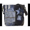 Sac a main bleu et noir avec sangle bandouliere noire en jeans recycle